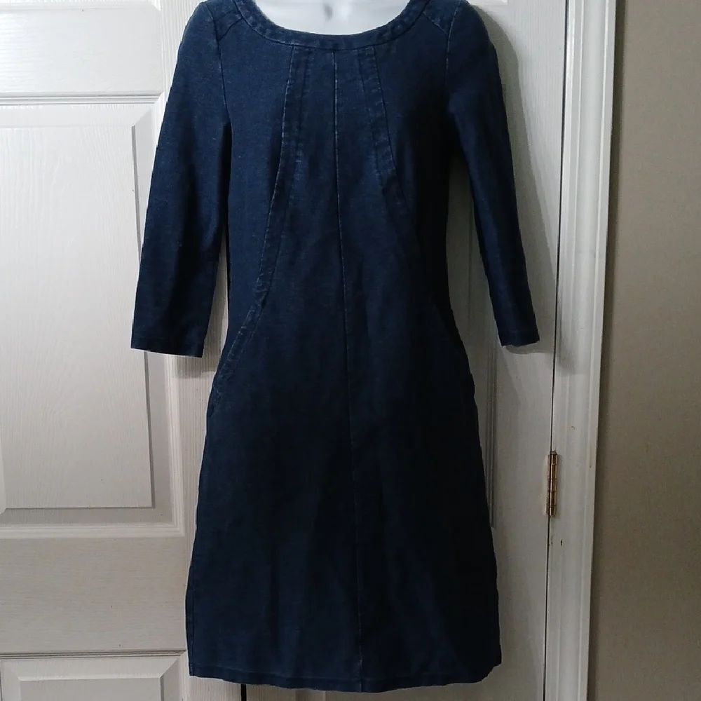 Boden Denim Dress Blue 3/4 Sleeve Round Neck Pockets Sz 6 NWOT
